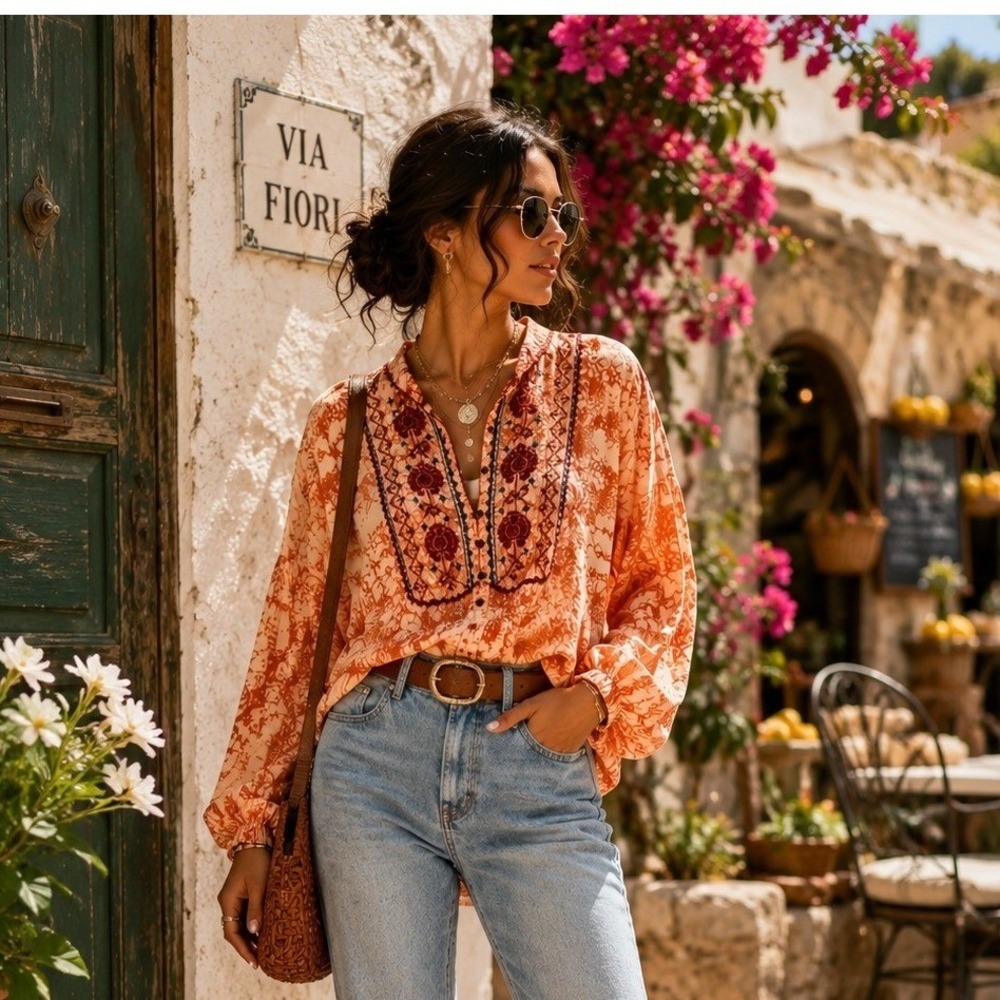 Anthropologie‎ Orange Embroidered Boho Babydoll Tunic Top Blouse XS